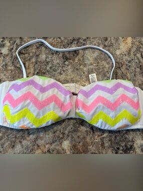 VS PINK Chevron Bandeau Swim Top - White with Neon Sequins
